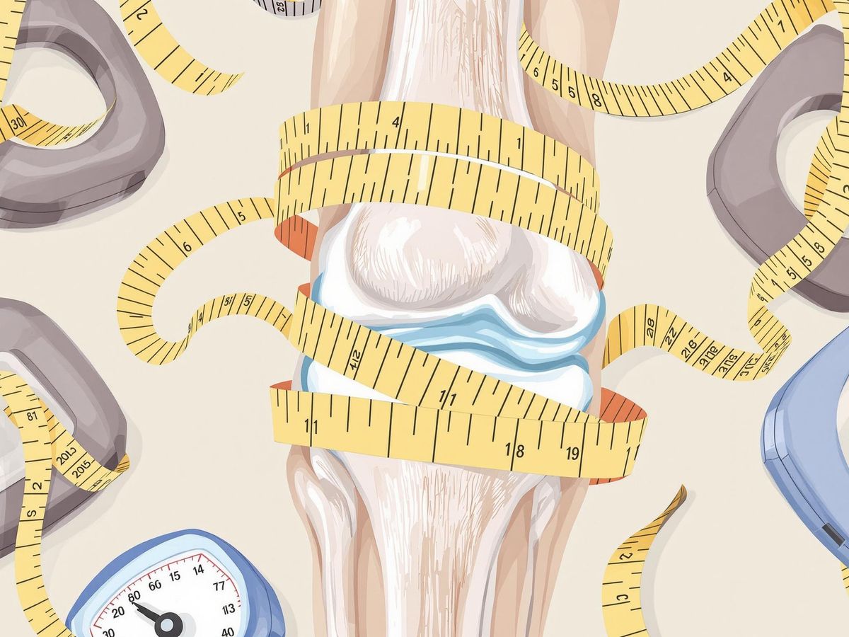 Knee joint com fita métrica e pesos.