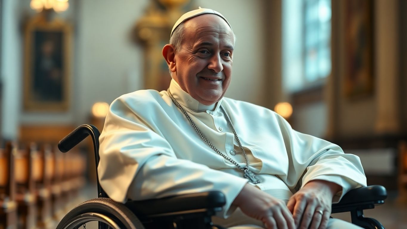 Papa Francisco em cadeira de rodas, expressão serena.